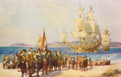 Johan van Riebeecks landstigning vid Table Bay (färglitografi) av Charles Ernest Peers