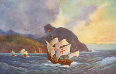 Vasco da Gama rundar Godahoppsudden (färglitografi) av Charles Ernest Peers