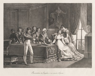 Josephine avsäger sig sina rättigheter, tidigt 1800-talet (litho) av Charles Etienne Pierre Motte