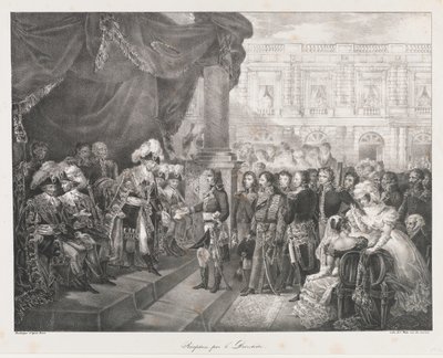Mottagning av Directoire, tidigt 19:e århundrade (litho) av Charles Etienne Pierre Motte