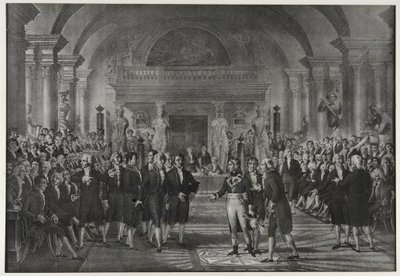 Mottagning av Napoleon Bonaparte vid institutet, klass för fysik och matematik, sektionen för mekanisk konst den 25 december av Charles Etienne Pierre Motte