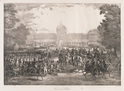 Granskning av Tuilerierna, tidigt 1800-tal (litho) av Charles Etienne Pierre Motte