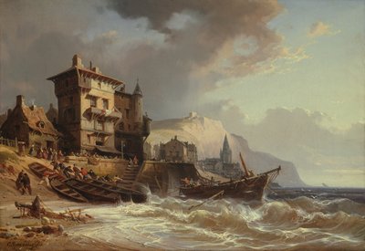 Dra båtarna i land på Bretagnes kust, 1800-talet av Charles Euphrasie Kuwasseg