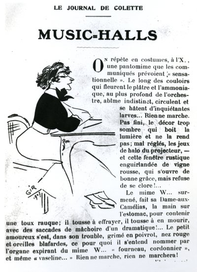 Karikatyr av Colette från hennes essä om Music-Halls in Vrilles de la Vigne, publicerad i La Vie Parisienne, Paris, 1908 av Charles Felix Gir