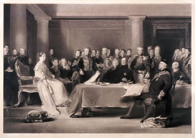 Drottning Victoria presiderade i rådet vid hennes trontillträde, 1846 av Charles Fox