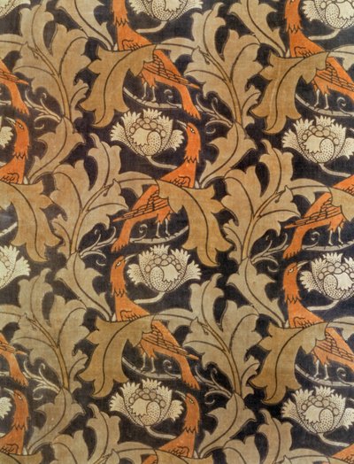 Blommor och löv med fåglar, tillverkad av G.P.& J.Baker för Liberty & Co., ca 1893 (tryckt sammetsfärgat) av Charles Francis Annesley Voysey