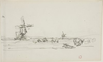 Landskap i Holland (recto); Skiss av väderkvarnar vid vatten (verso) av Charles Francois Daubigny