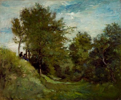 Landskap med figurer sittande på en bank, sent 1870-tal av Charles Francois Daubigny