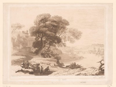 Landskap med herdar och boskap på kanten av en flod av Charles Francois Daubigny