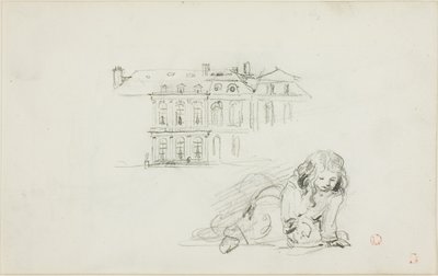 Skisser: Hotel de Ville, Tours och en flicka som leker (recto); Stork (verso) av Charles Francois Daubigny