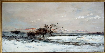 Snölandskap i den nedgående solen. Målning av Charles Francois Daubigny (1817-1878) av Charles Francois Daubigny