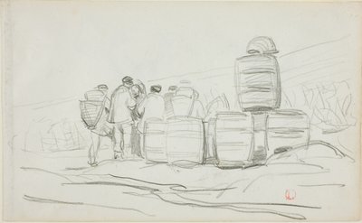 Studie av en grupp människor med tunnor (recto); Två studier av en kvinna som skördar (verso) av Charles Francois Daubigny