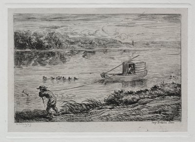 Båtresan: Kabinpojke som drar bogserlinan eller drar med rep av Charles Francois Daubigny