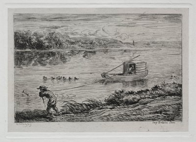 Båtresan: Cabin Boy Hauling the Tow-Rope eller Hauling by Rope, 1861. av Charles Francois Daubigny