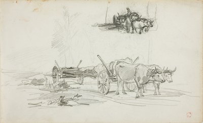Två skisser av oxar som drar en stock av Charles Francois Daubigny