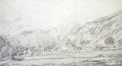 Vy över byggnader i en muromgärdad inhägnad med berg i bakgrunden, mitten av 1800-talet av Charles Francois Daubigny