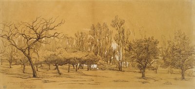 Utsikt över en fruktträdgård i Saint-Denis (penna och svart bläck, förhöjd med vit kroppsfärg och berörd med svart krita eller kol, på styvt benvitt papper) av Charles Francois Daubigny