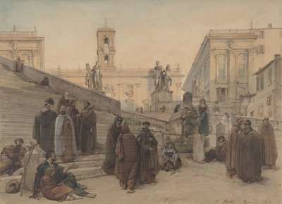 Campidoglio sett från trappan till Aracoeli-kyrkan, Rom, vid solnedgången, 1846. av Charles Francois Houel