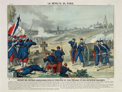 Nederlag för rebellerna på kyrkogården Pere Lachaise och på Chaumontkullen, 1871 (färggravyr) av Charles Francois Pinot