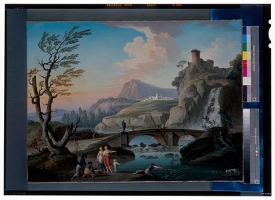 Ett flodlandskap med fiskare som drar sina nät, ett stenigt landskap och en gångbro bortom av Charles François Grenier de Lacroix