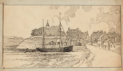 En segelbåt på stranden vid lågvatten, vid en stråk som leder upp mot en by av Charles George Harper