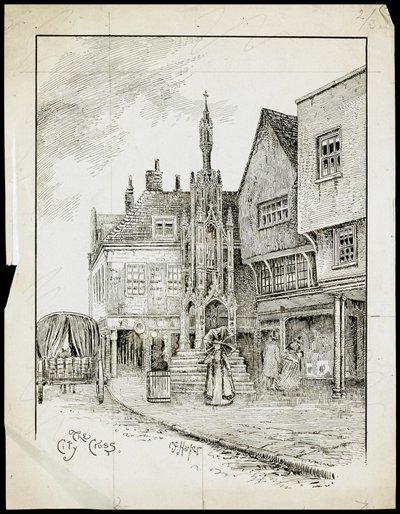 En vy från nordväst om Butter Cross, High Street, Winchester, Hampshire (penna och bläck på papper) av Charles George Harper