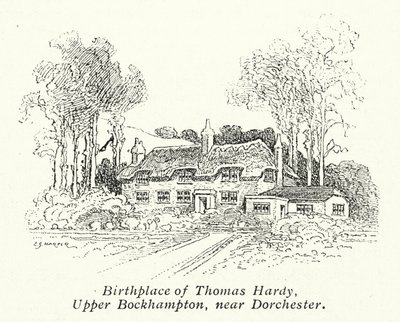 Thomas Hardys födelseplats, Upper Bockhampton, nära Dorchester (litografi) av Charles George Harper