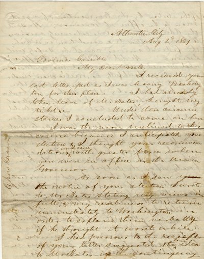 Letter signed C. Gibson [Charles Gibson], Atlantic City, to Governor Gamble [Hamilton R. Gamble], August 2, 1861 av Charles Gibson