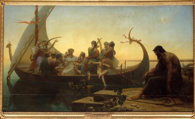 Förlorade illusioner eller kväll En allegorisk scen som föreställer karaktärer på en avgående drakkar, en man stannar vid kajen med en lyra. Målning av Charles Gleyre (1806-1874) 1800-talets sön. 1,56x2,38 m av Charles Gleyre