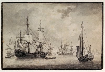 Holländsk örlogsman, statlig yacht och avlägsna fartyg i en hamn, sent 1700-tal (penna, bläck) av Charles Gore