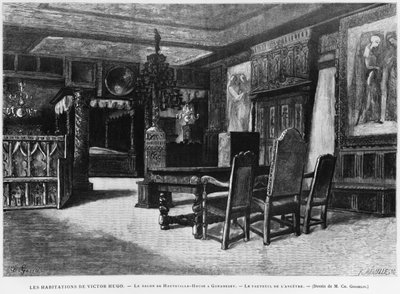 Victor Hugos hem, loungen i Hauteville-huset i Guernsey, förfaderns fåtölj, graverad av Fortune Louis Meaulle (1844-1901) av Charles Gosselin