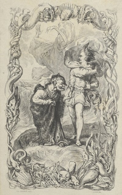 Illustration till stormen: Caliban, Ferdinand och Ariel, 1836. av Charles Gray