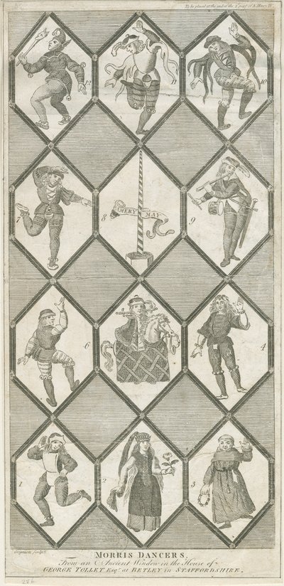 Betley Glass Window - Morris Dancers: gravyr och [?1700-talet] (tryck) av Charles Grignion