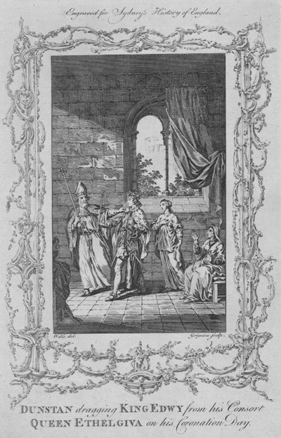 Dunstan släpar kung Edwy från sin gemål drottning Ethelgiva på sin kröningsdag 1773. av Charles Grignion