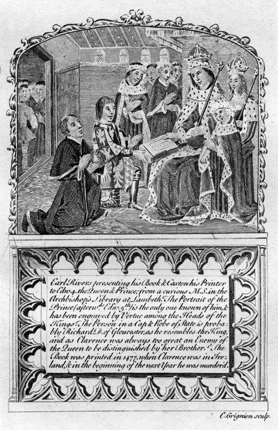 Earl Rivers presenterar sin bok för kung Edward IV, c1477 sent 1700-tal eller tidigt 1800-tal av Charles Grignion