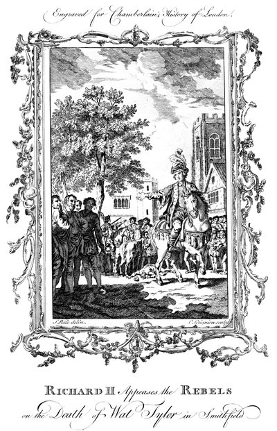 Kung Richard II blidkar rebellerna vid Wat Tylers död, Smithfield, 1800-talet. av Charles Grignion