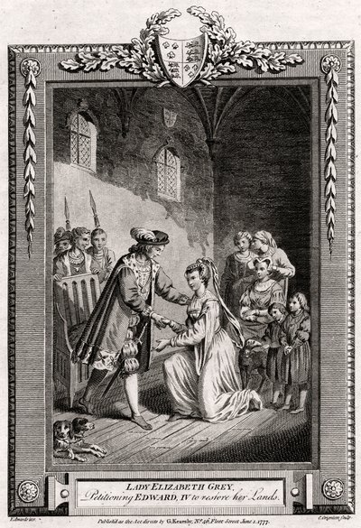 Lady Elizabeth Grey, vädjande till Edward IV om att återställa hennes landområden, 1400-talet, 1777 av Charles Grignion
