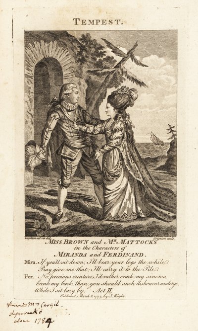 Miss Ann Brown och Mr George Mattocks i karaktärerna Miranda och Ferdinand i en operaversion av William Shakespeares The Tempest, Covent Garden Theatre av Charles Grignion