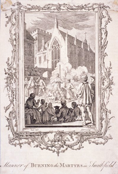 Scen där protestanter brändes i Smithfield, 1500-talet, c1760. av Charles Grignion