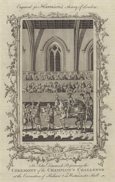 Sir John Dimmock utför ceremonin för Champions Challenge vid kröningen av Richard II i Westminster Hall, 1377 av Charles Grignion