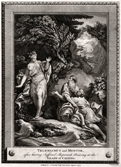 Telemachus och Mentor, efter att ha lidit skeppsbrott, anländer till ön Calypso, 1774 av Charles Grignion
