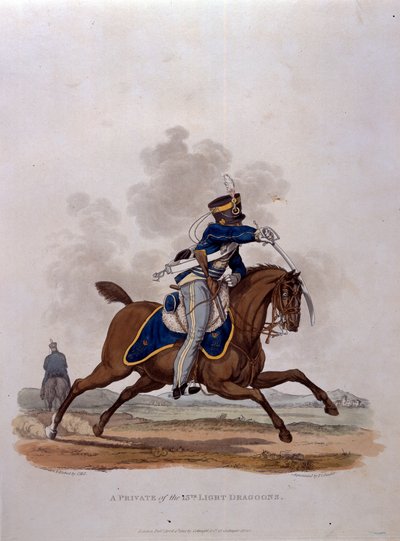 En soldat i 13th Light Dragoons, från "Costumes of the Army of the British Empire, according to the last regulations 1812", graverad av J.C. Stadler, utgiven av Colnaghi und Co. 1812-15 (färgad). av Charles Hamilton Smith