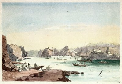 Muskatbäcken (Oman). Målning av överstelöjtnant Charles Hamilton Smith (1776-1859) av Charles Hamilton Smith