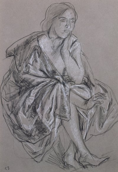 Studie av en sittande kvinna, Sittande kvinna med drapering (krita på papper) av Charles Haslewood Shannon
