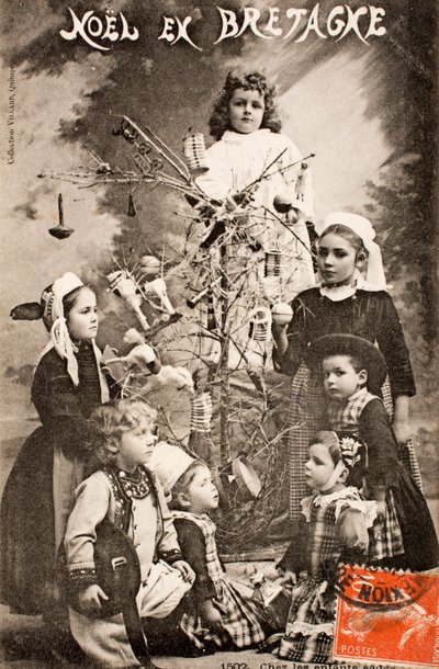 Gammalt vykort/God Jul/De kloka barnen/Bretagne/Frankrike av Augustus Kollner