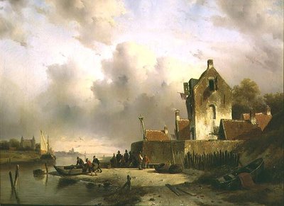 En mynning med fiskare vid en kaj av Charles Henri Joseph Lieckert