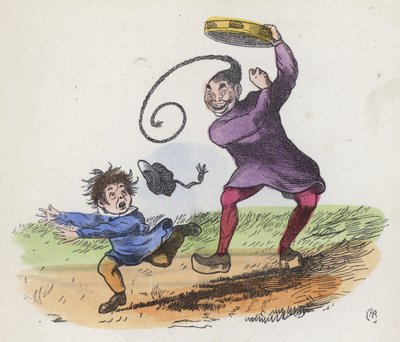 Pojke skrämd av en kineser som spelar en tamburin (färgad gravyr) av Charles Henry (after) Bennett
