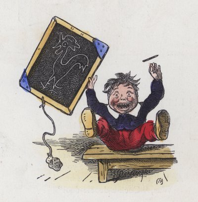 Pojke med en bild av en tupp tecknad på en svart tavla (färgad gravyr) av Charles Henry (after) Bennett
