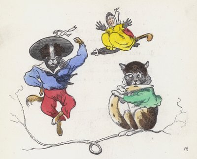 Dame Trottypeg och hennes katt och hund (färgad gravyr) av Charles Henry (after) Bennett