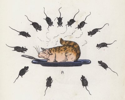 Frossande katt på en tallrik omgiven av hungriga möss (färgad gravyr) av Charles Henry (after) Bennett